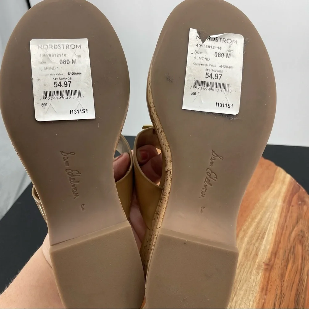 Sam Edelman Yardlie Emblem Platform Wedge Sandals beige patent leather Sz 8‎